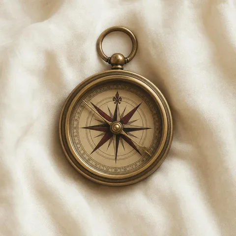 A vintage brass compass resting on soft cream linen