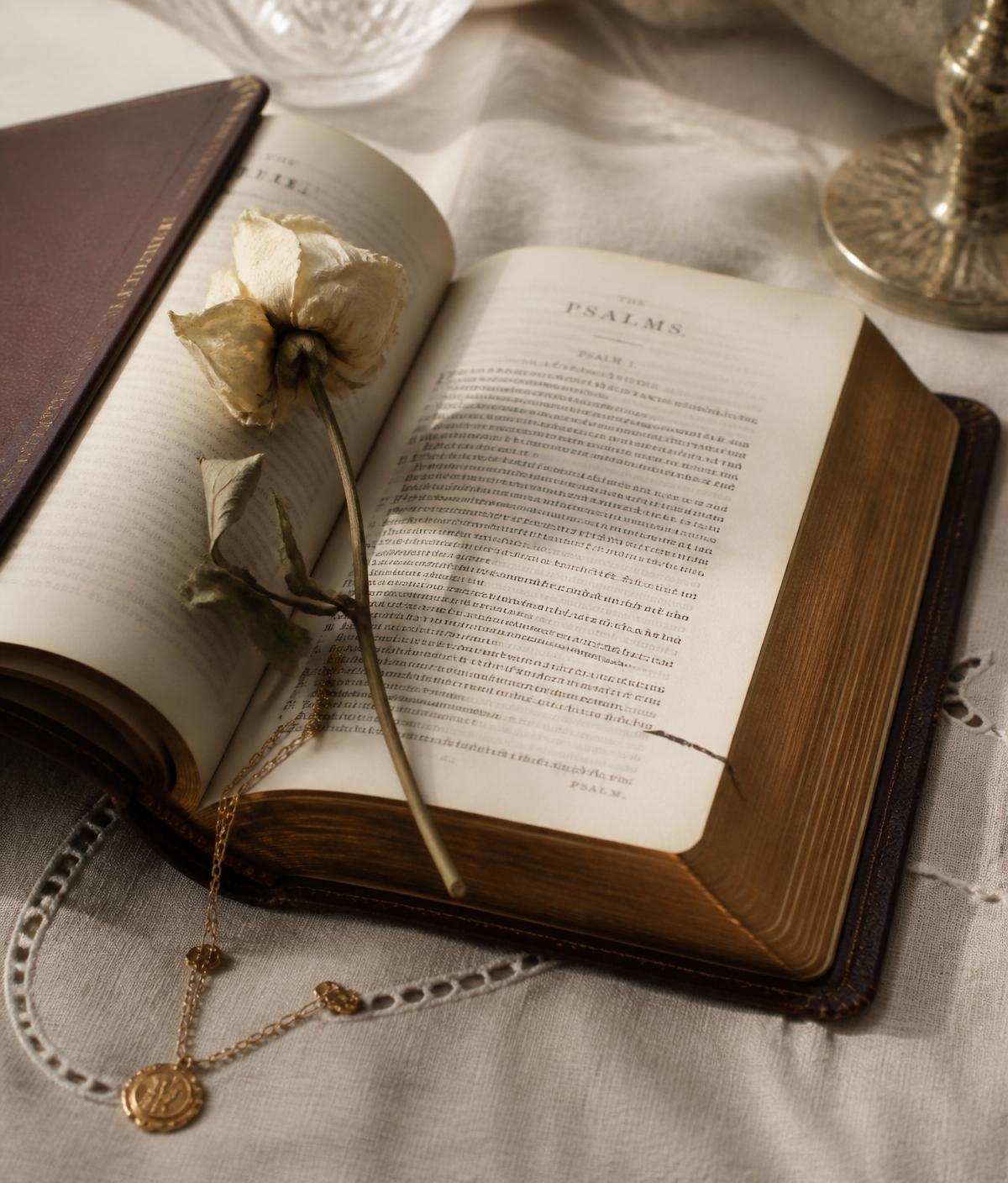 Open Bible with dried rose and gold chain